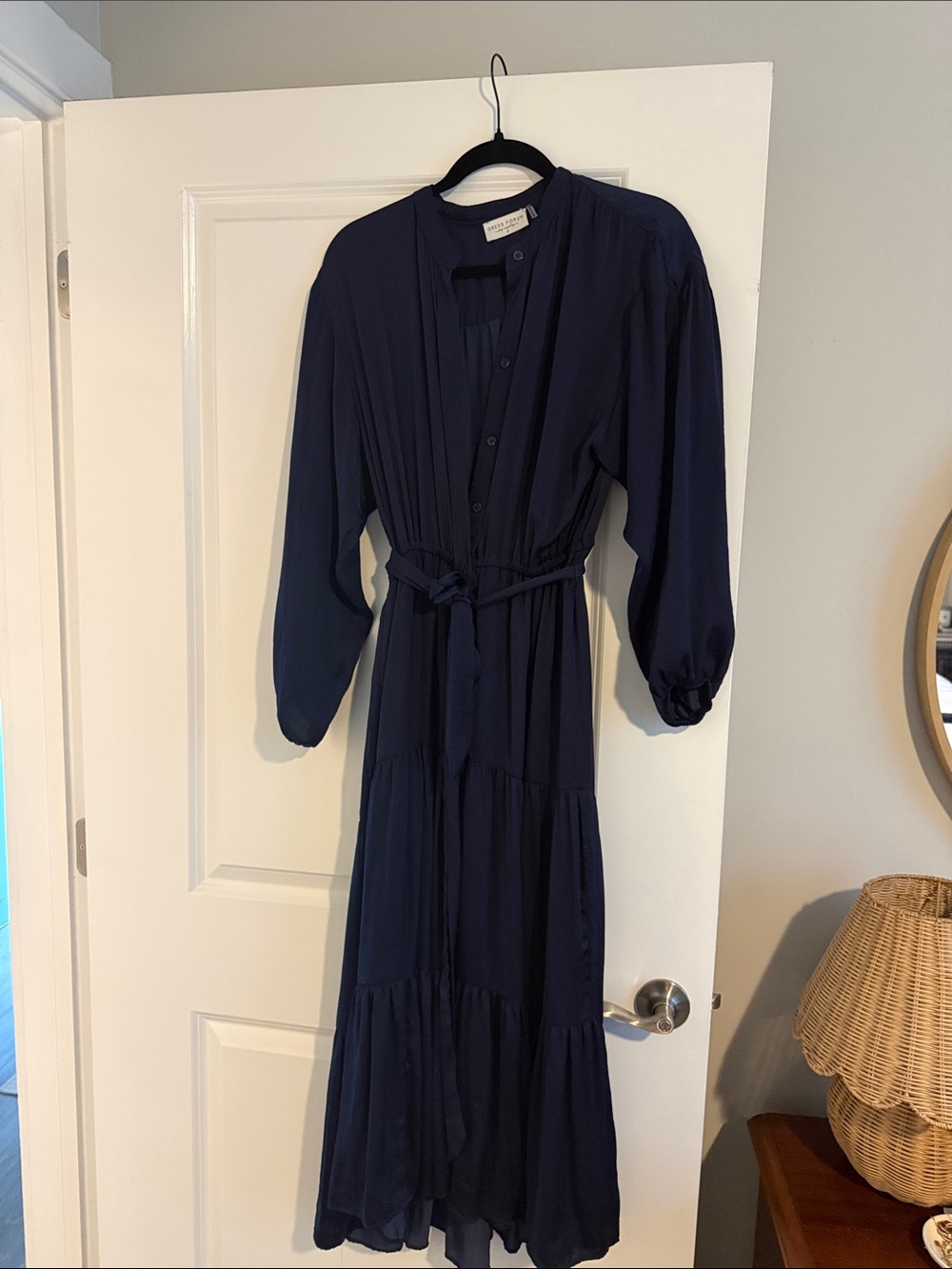 Boutique Women's Navy Button-Front Tiered Maxi Dress with Waist Tie